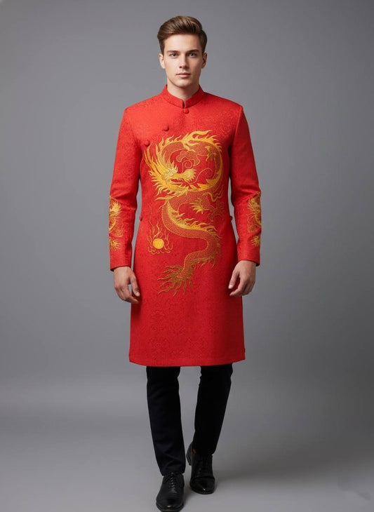 Red Ao Dai Nam with Dragon Embroidery: Vietnamese Groom Attire T198