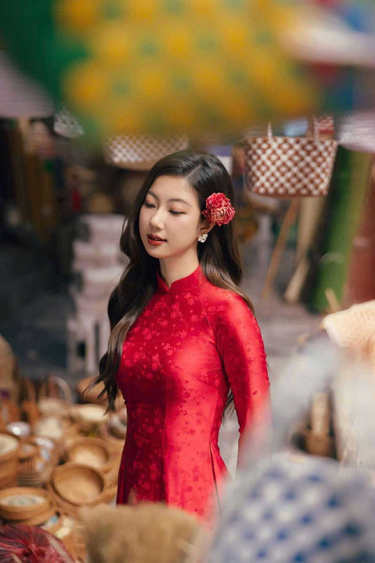 Ao Dai Lua Tơ Tam Ha Nam/ Vietnamese Traditional Long Dress with Red Pants B16