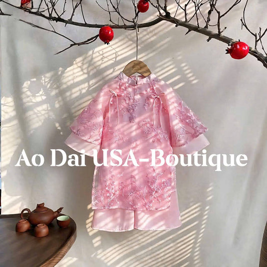 Girls Floral Ao Dai Set Pink Color, Vietnamese Lunar New Year Outfit B269
