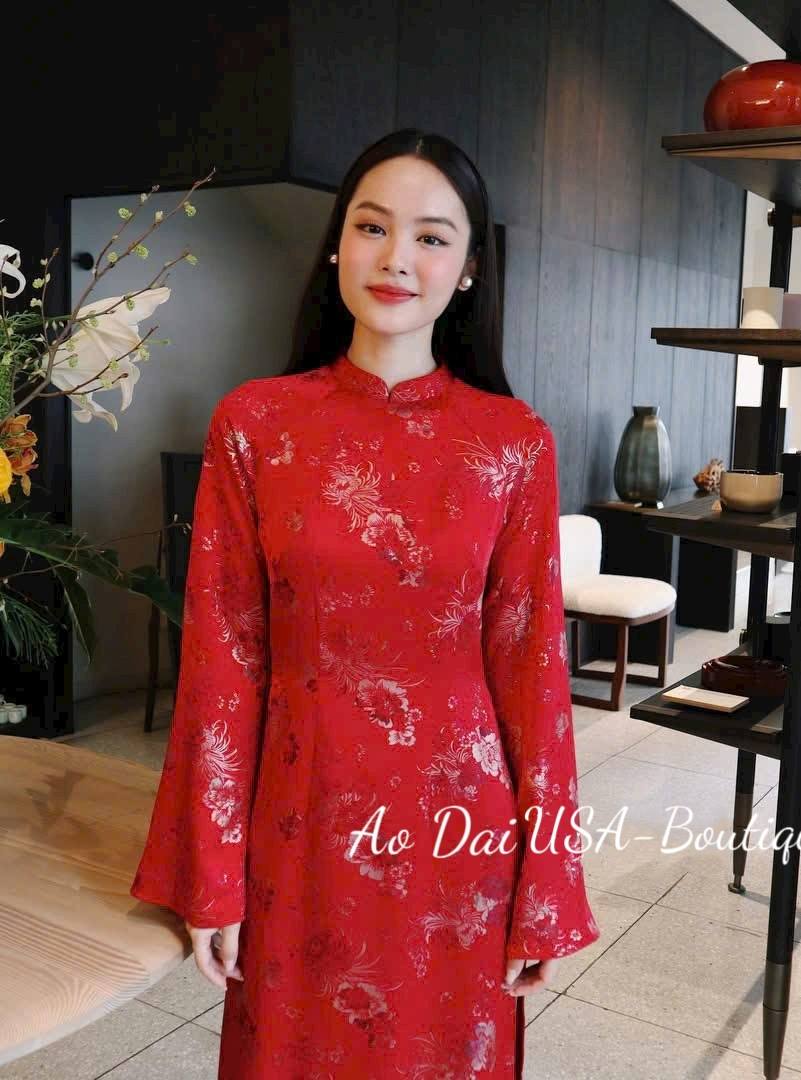 Set Ao Dai Gấm Van So red Color/ Vietnamese Traditional Long Dress with blue Pants TT77