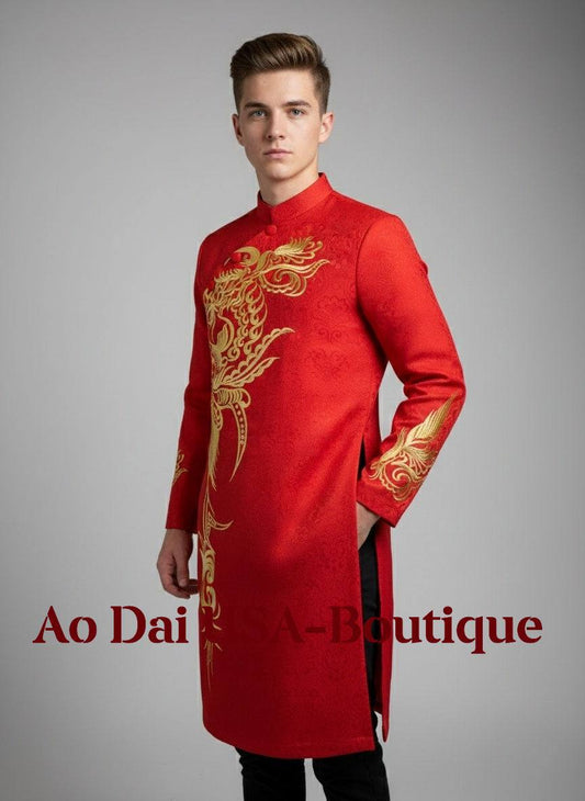 Red Ao Dai for Men: Vietnamese Lunar New Year Outfit B191