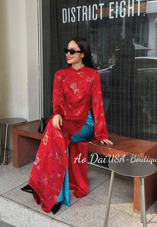 Set Ao Dai Gấm Van So red Color/ Vietnamese Traditional Long Dress with blue Pants TT77