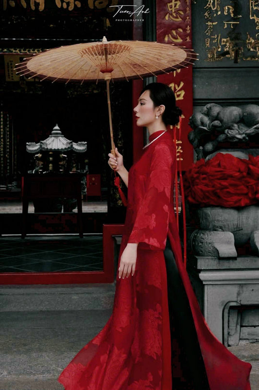 Set Ao Dai Gam Tơ Dark Red With Pants/Morden Ao Dai For Women/ Ao Dai Viet Nam Trendy/B299