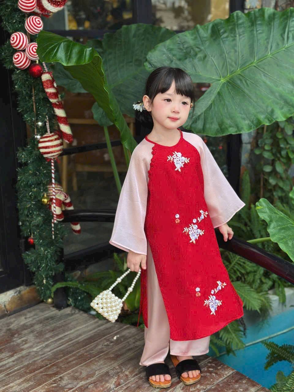 Red Matching Mom & Daughter Red Ao Dai Set Embroidery Spring flowers/B105