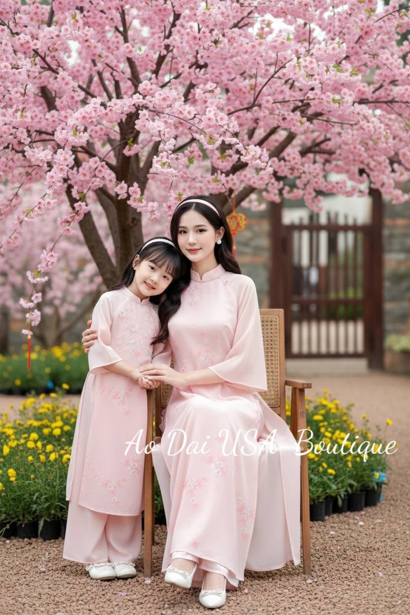 Matching Mom & Daughter Pink Ao Dai Set/ Ao Dai To Theu/ Floral Embroidery, Lunar New Year B102
