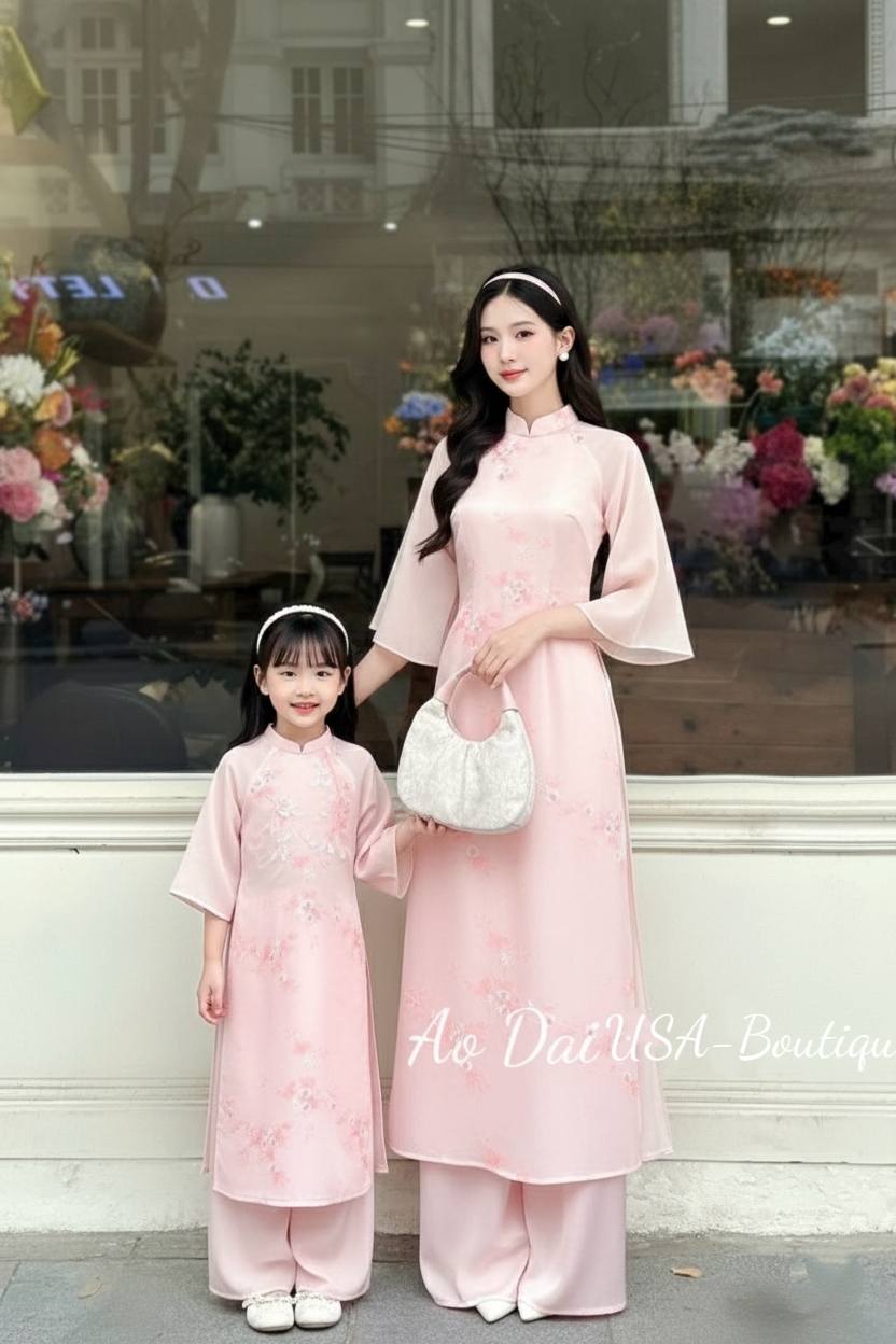 Matching Mom & Daughter Pink Ao Dai Set/ Ao Dai To Theu/ Floral Embroidery, Lunar New Year B102