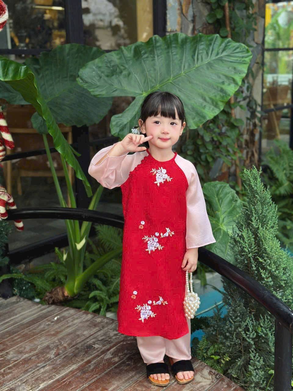 Red Matching Mom & Daughter Red Ao Dai Set Embroidery Spring flowers/B105