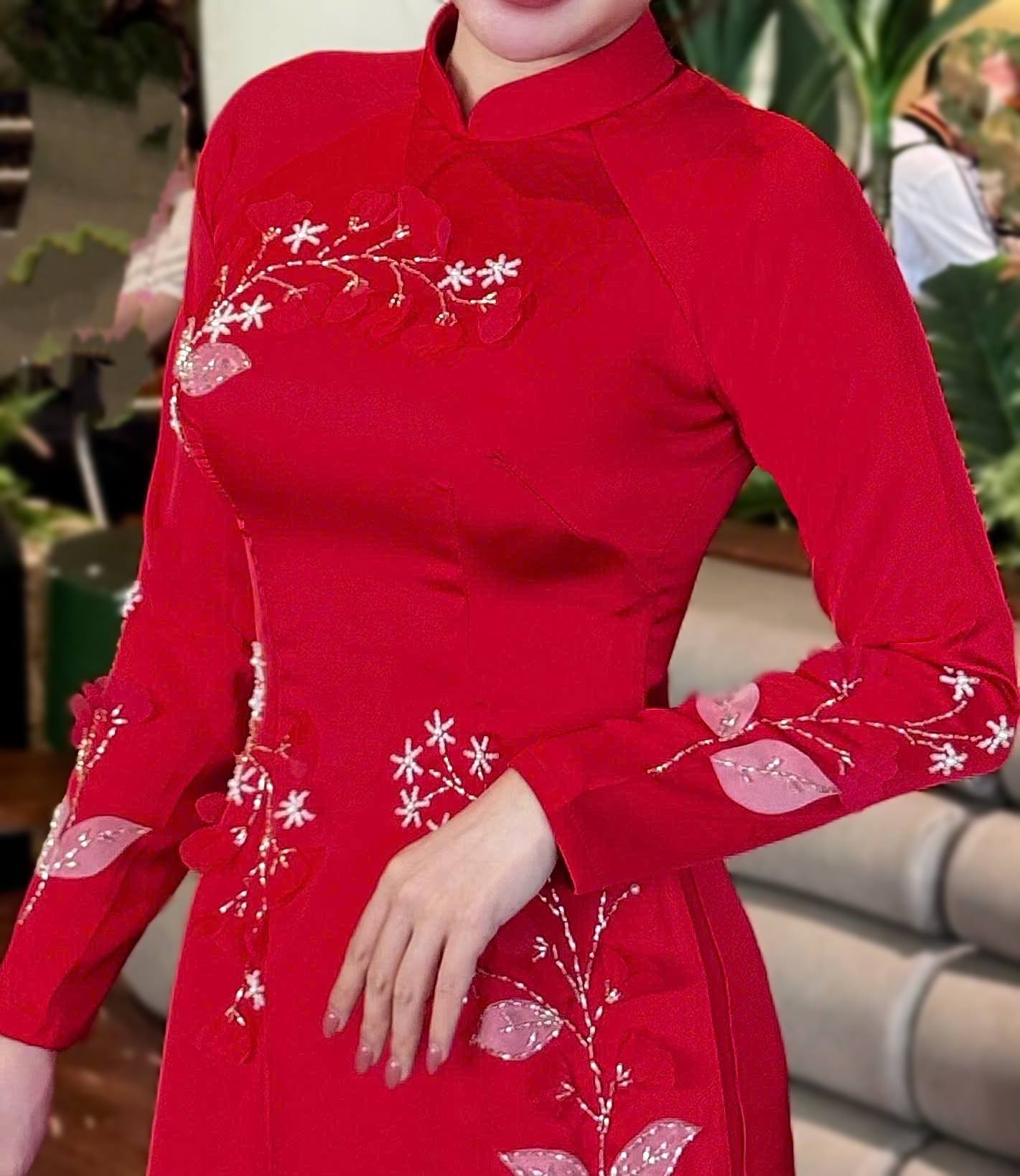 Set Ao Dai Lua Ma Nao Red Color/Vietnamese Traditional Long Dress with Pants B27