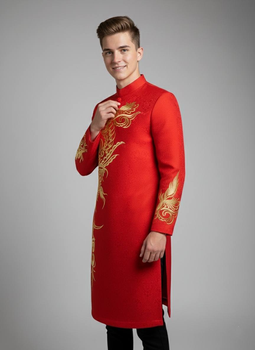 Red Ao Dai for Men: Vietnamese Lunar New Year Outfit B191