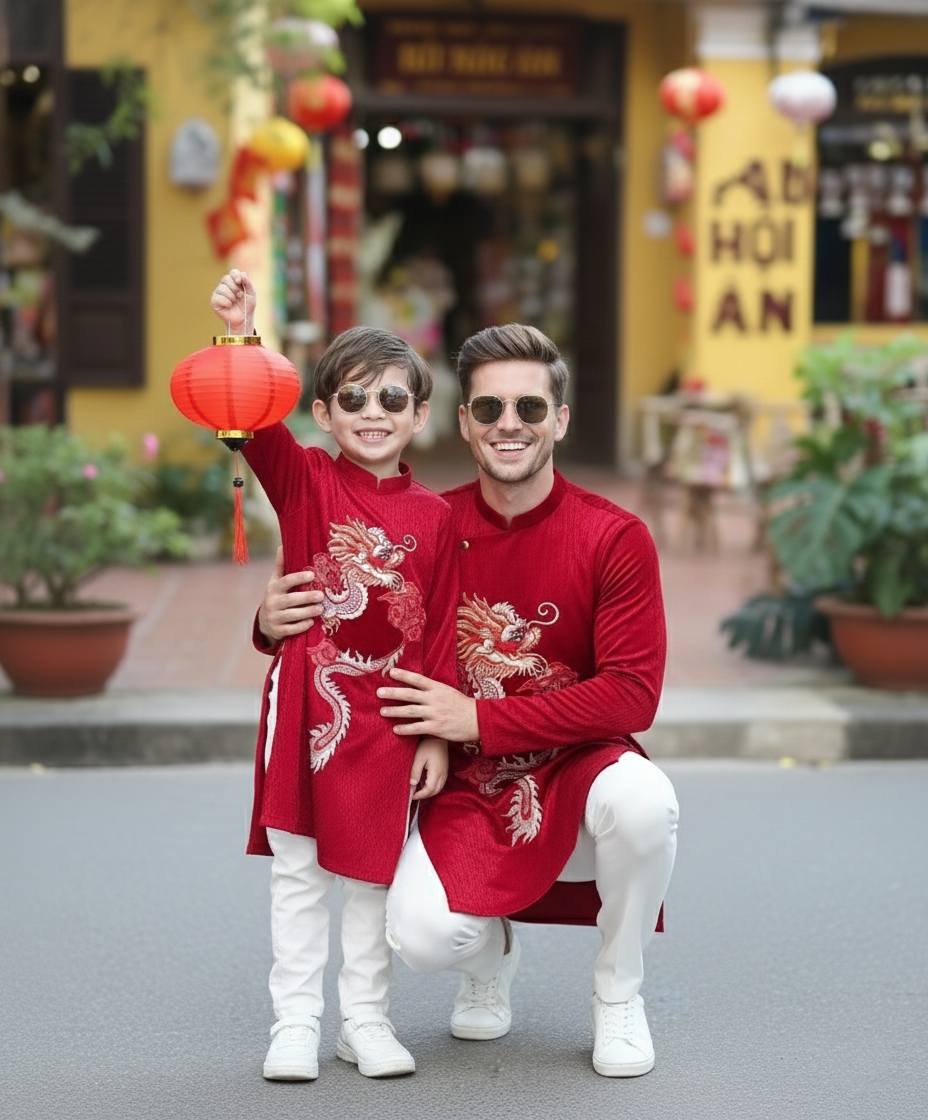 Matching Red Ao Dai Set For Men and Boy/ Matching Dad-Boy Dragon / Pre-made Ao Dai Lunar New Year 2026/ Ao Dai Gia Dinh Tet