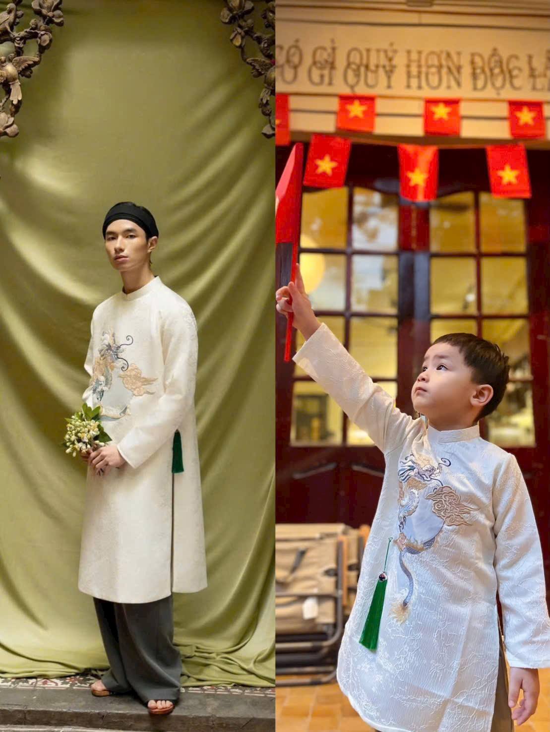 Matching White Ao Dai Set For Men and Boy/ Matching Dad-Boy Dragon / Pre-made Ao Dai Lunar New Year 2026/ Ao Dai Gia Dinh Tet