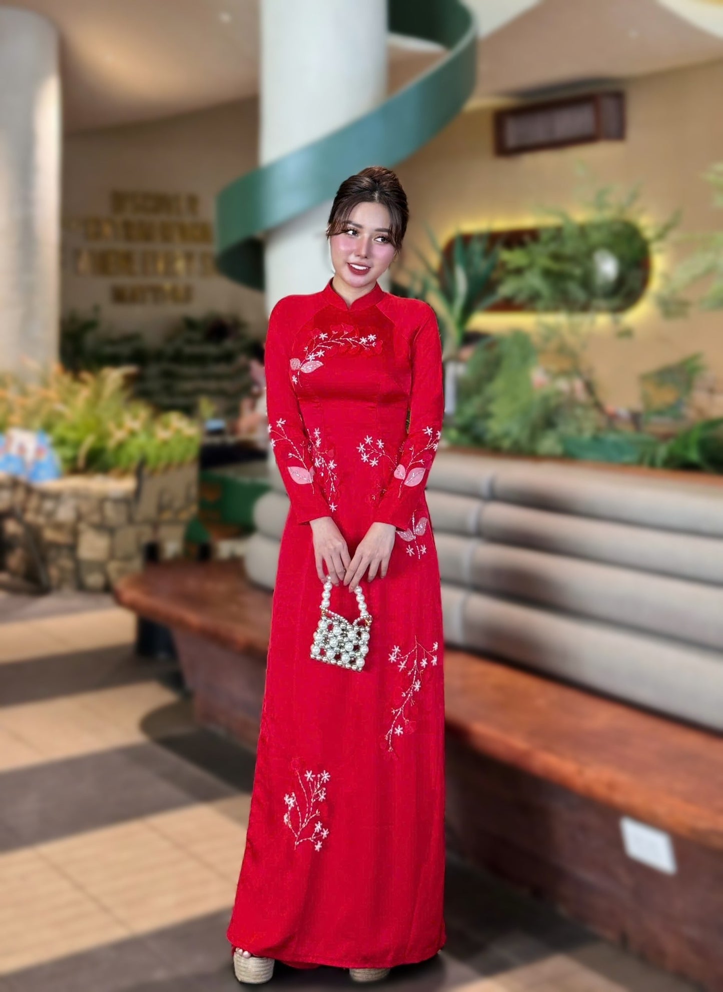 Set Ao Dai Lua Ma Nao Red Color/Vietnamese Traditional Long Dress with Pants B27