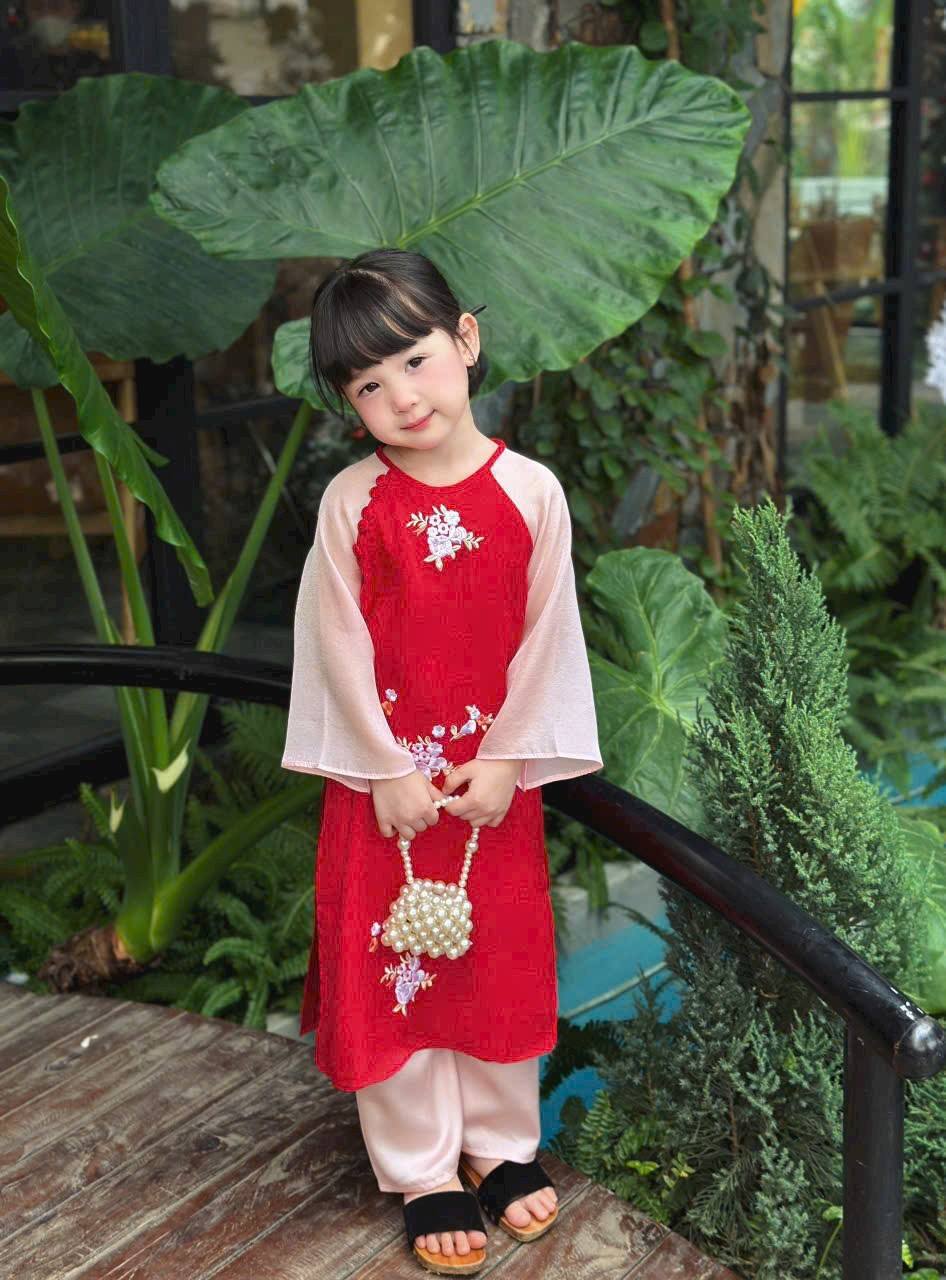 Red Matching Mom & Daughter Red Ao Dai Set Embroidery Spring flowers/B105