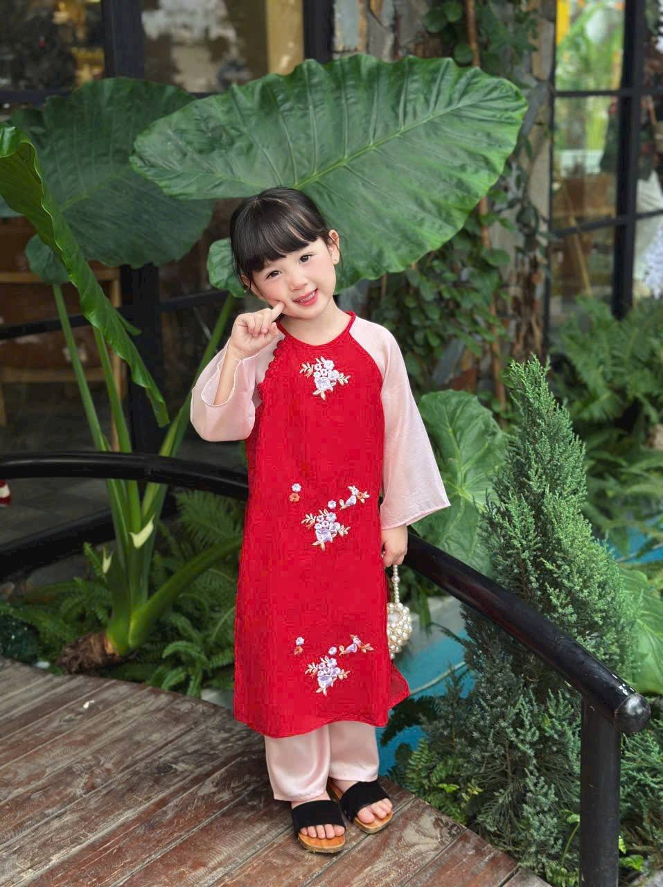 Red Matching Mom & Daughter Red Ao Dai Set Embroidery Spring flowers/B105