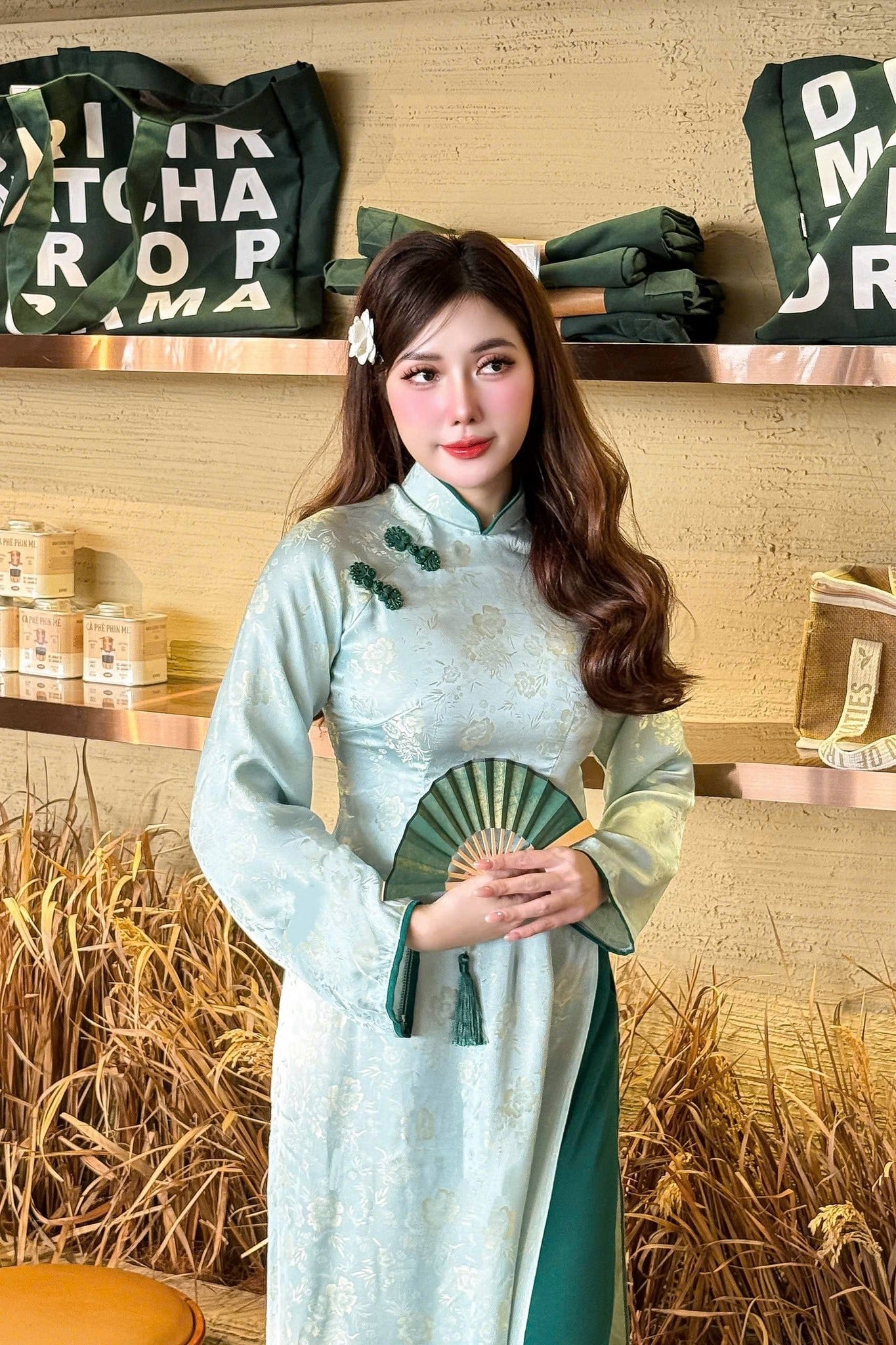 Set Ao Dai Lua To Tam /Vietnamese Traditional Long Dress with Green Pants/ B232