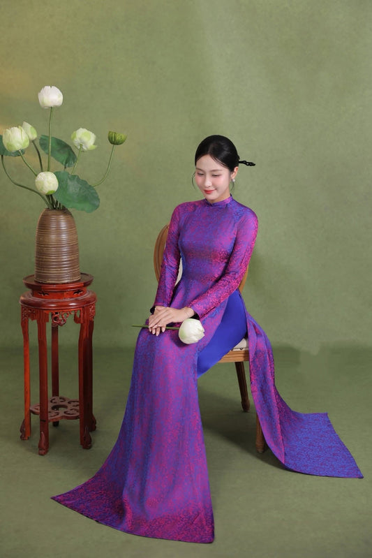 Purple Ao Dai Dress with blue Pants, Ao Dai Truyen Thong Việt Nam Lunar New Year TT91