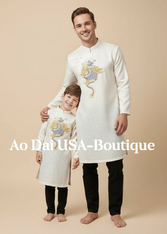 Matching White Ao Dai Set For Men and Boy/ Matching Dad-Boy Dragon / Pre-made Ao Dai Lunar New Year 2026/ Ao Dai Gia Dinh Tet