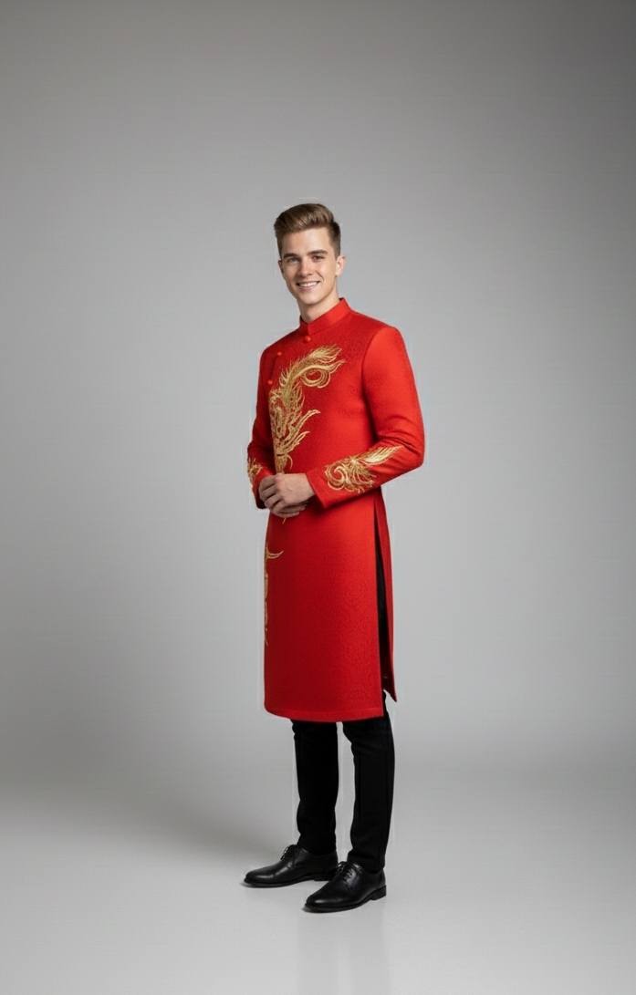 Red Ao Dai for Men: Vietnamese Lunar New Year Outfit B191