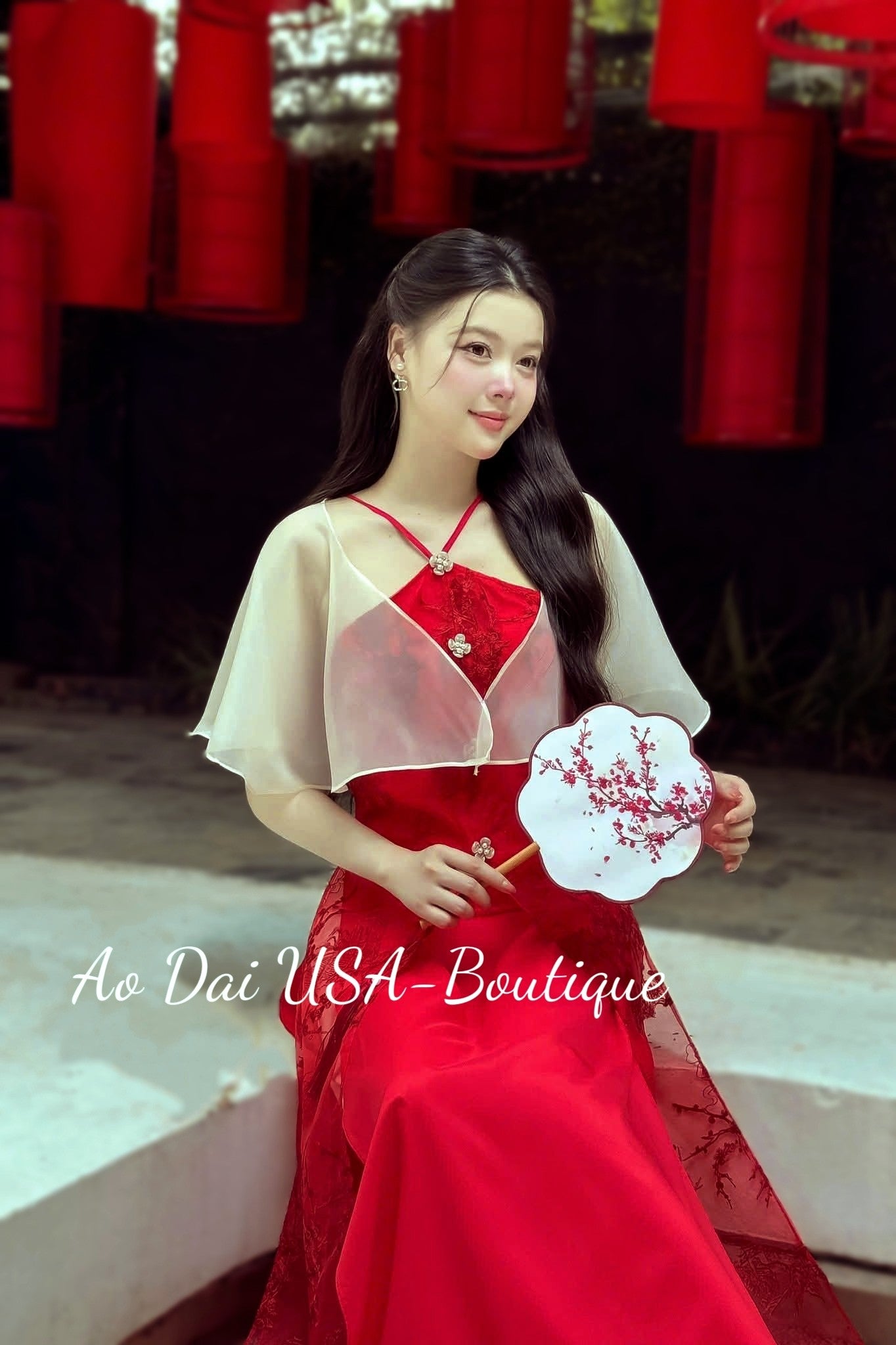 MAi HOA  Ao Dai Co Yem Kem Ao Choang/Vietnamese Traditional Long Dress With white Pants B255
