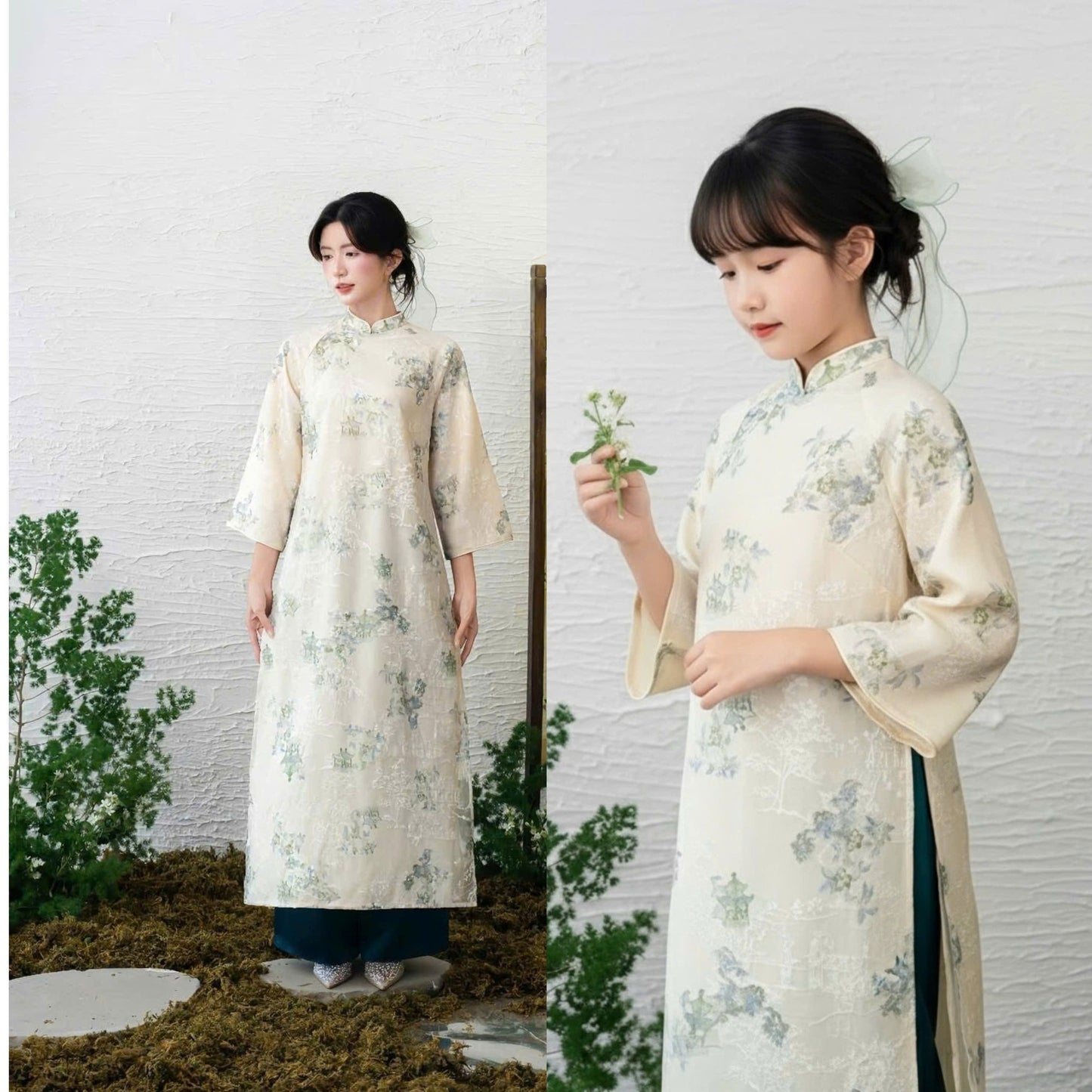 Matching Mom & Daughter Blue Ao Dai Set /Ao Dai for Girls/Floral Embroidery/ Lunar New Year 2026/ B106