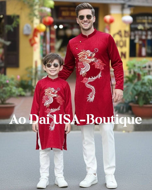 Matching Red Ao Dai Set For Men and Boy/ Matching Dad-Boy Dragon / Pre-made Ao Dai Lunar New Year 2026/ Ao Dai Gia Dinh Tet