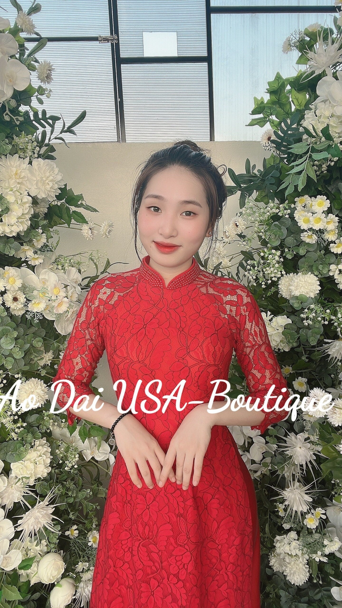 Red Ao Dai Double layer lace and silk Red