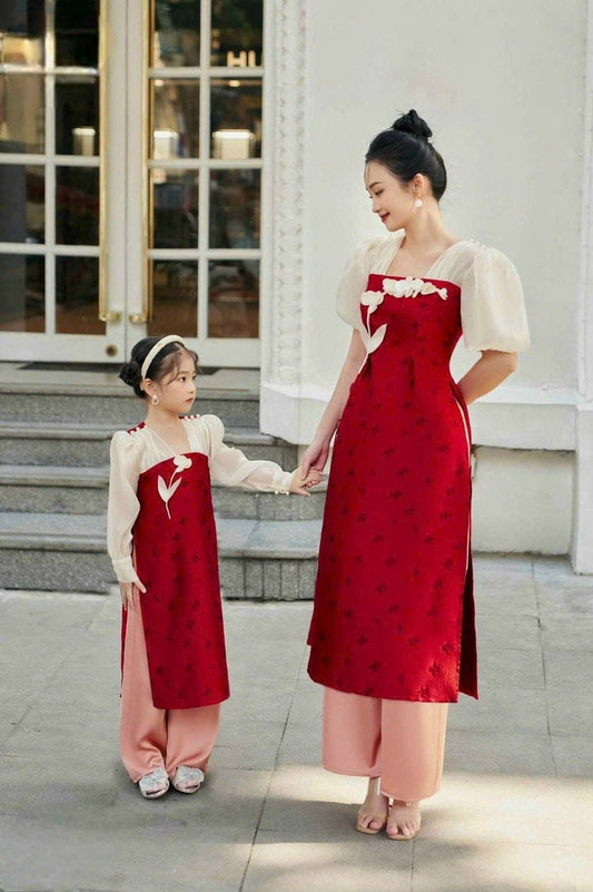 Set Ao Dai Cach Tan matching mom and girls- Pants included B284