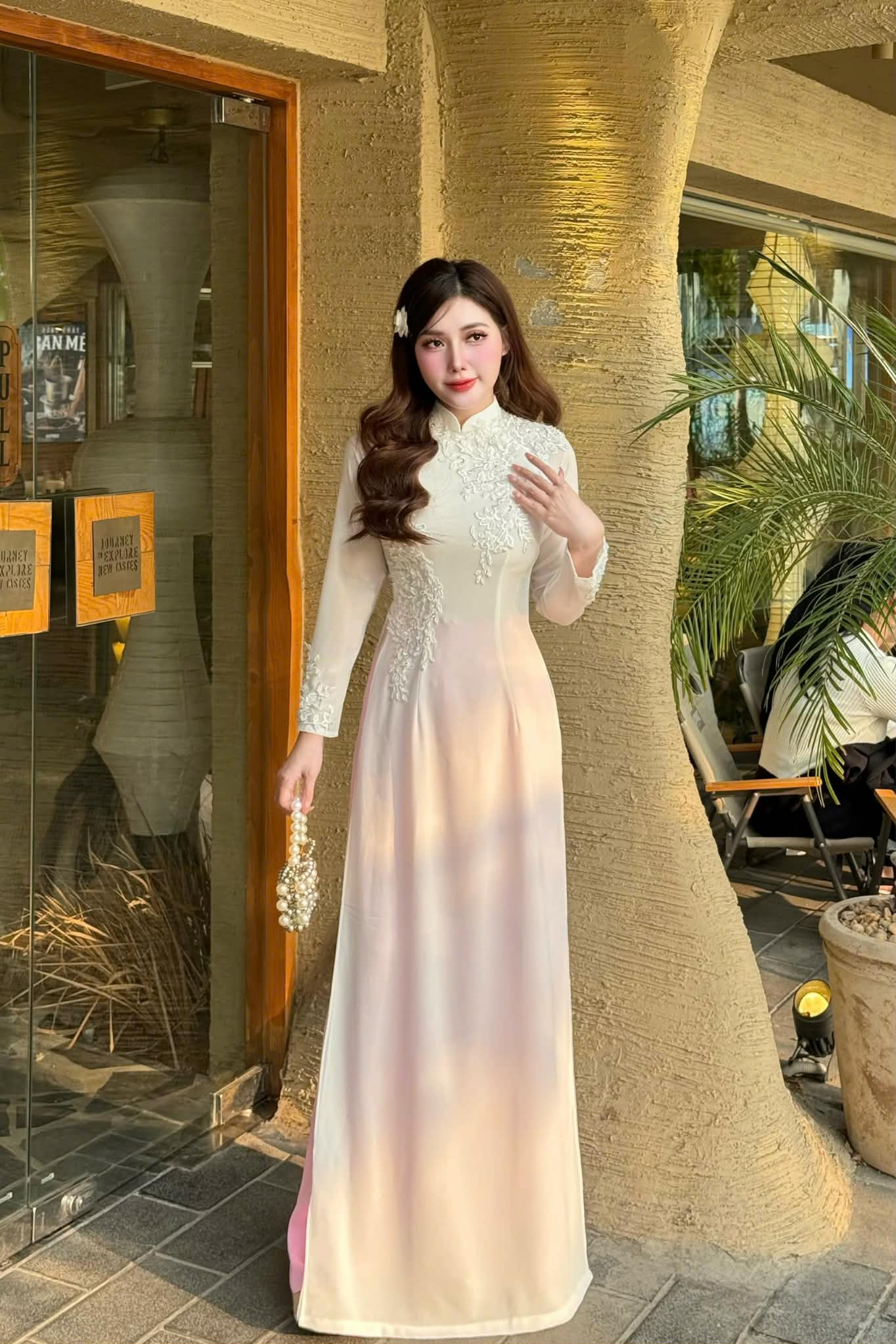 Set Ao dai Chiffon Double Layers White Color  Dinh ket/ Traditional Vietnamese Long Dress -Pink pants/TT213