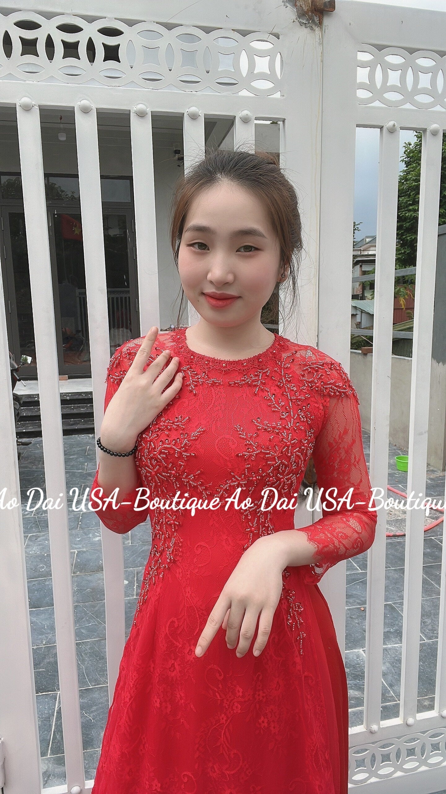 Double layers Ao Dai Set with pearls and crystal- B172