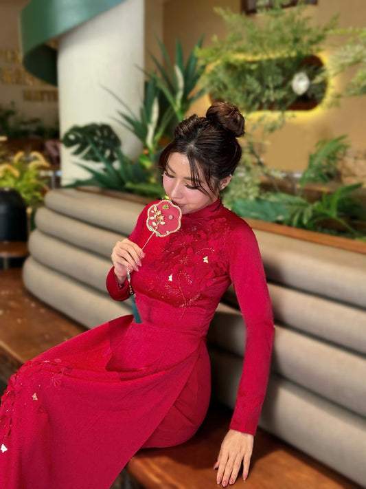 Set Ao Dai Lua Tô Châu Design with Flowers/Vietnamese Traditional Long Dress with Pants/ Ao Dai Tet  B296