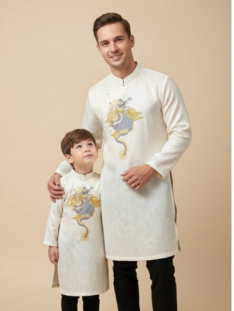 Matching White Ao Dai Set For Men and Boy/ Matching Dad-Boy Dragon / Pre-made Ao Dai Lunar New Year 2026/ Ao Dai Gia Dinh Tet