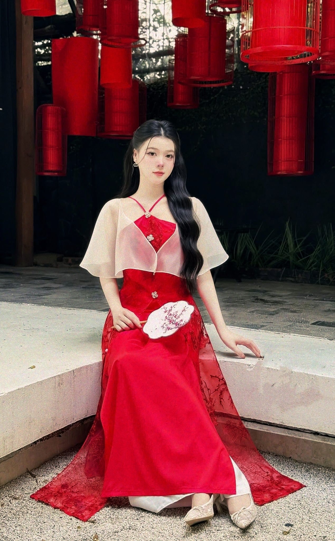 MAi HOA  Ao Dai Co Yem Kem Ao Choang/Vietnamese Traditional Long Dress With white Pants B255