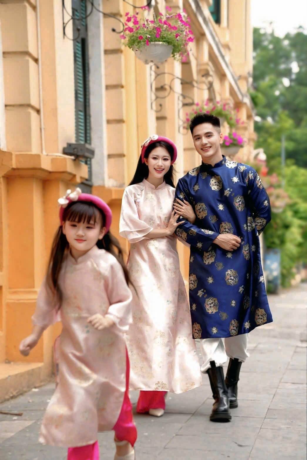 Matching Family Ao Dai Set/ Pink- Blue  Matching Family Spring Ao Dai Set/ Pre-made Ao Dai for Lunar New Year /Ao Dai Gia Dinh Tet 2026