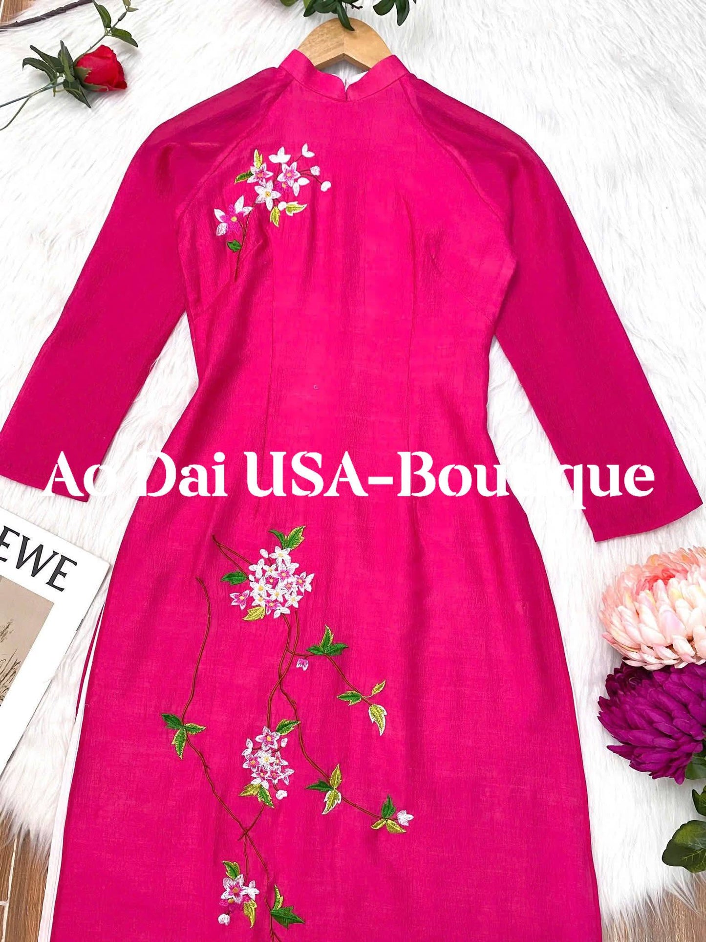 Fusica Ao Dai Dress: Vietnamese Modern Design, Pink Peach Pants CT289