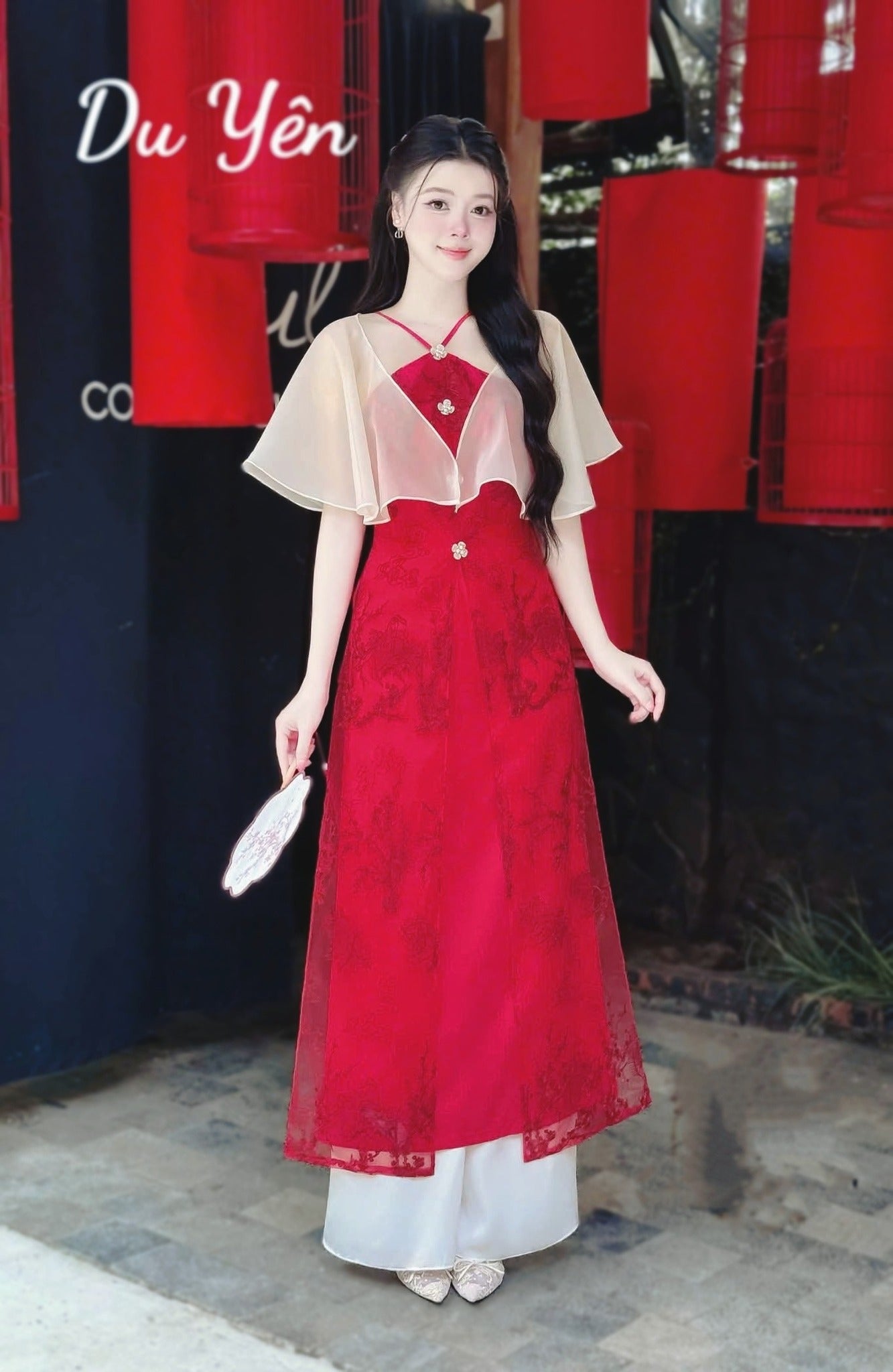 MAi HOA  Ao Dai Co Yem Kem Ao Choang/Vietnamese Traditional Long Dress With white Pants B255