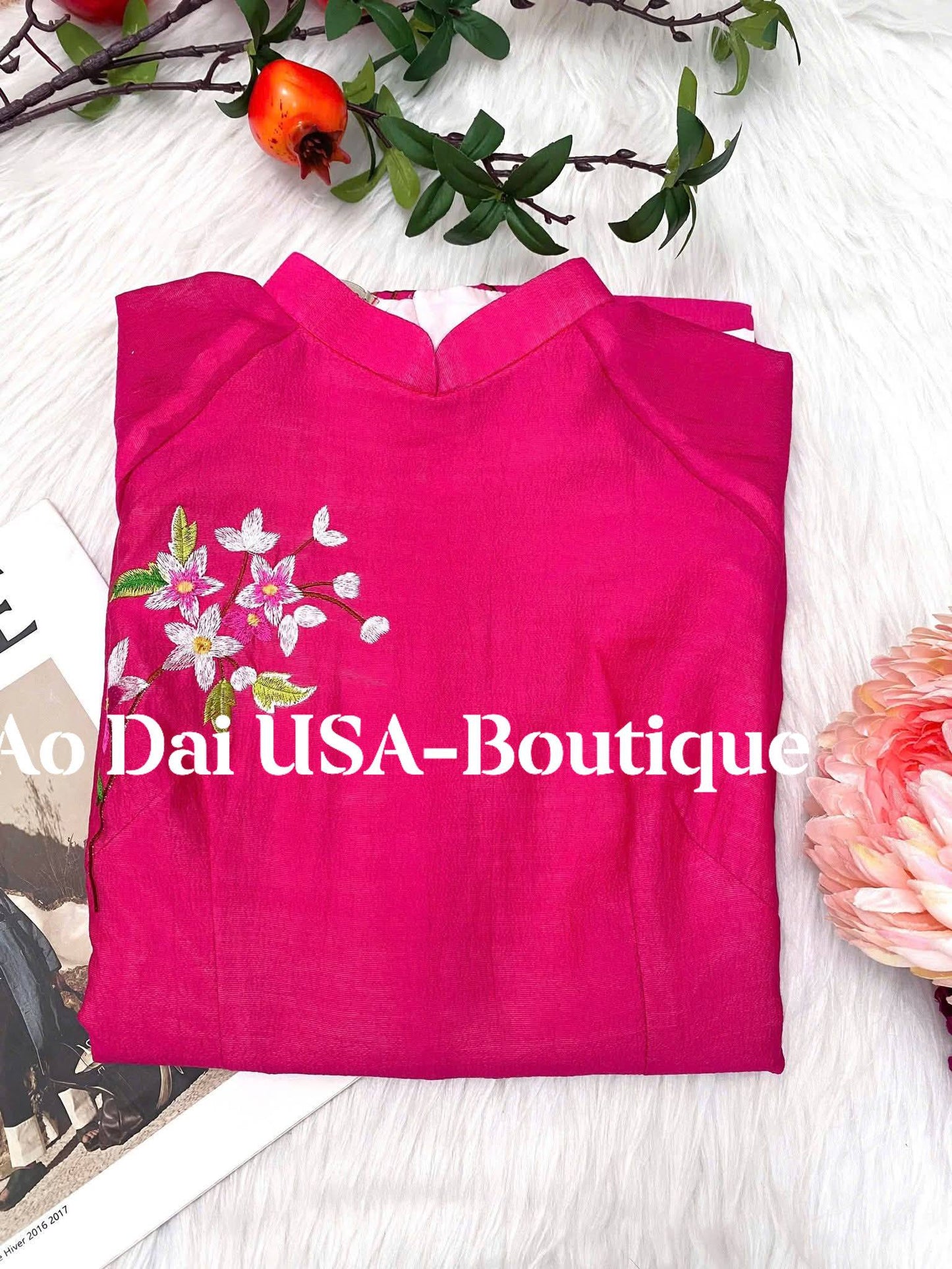 Fusica Ao Dai Dress: Vietnamese Modern Design, Pink Peach Pants CT289