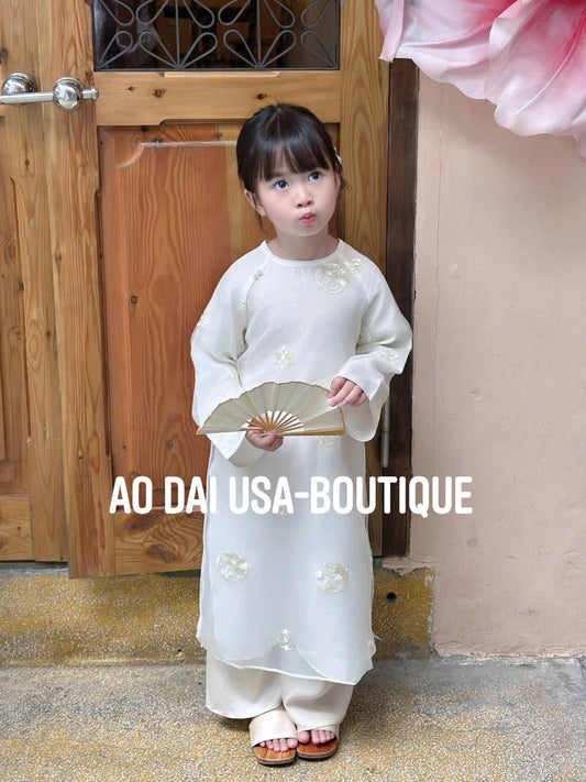Girls' White Ao Dai Set Embroidered/Modern Vietnamese Dress/ Lunar New Year 2026