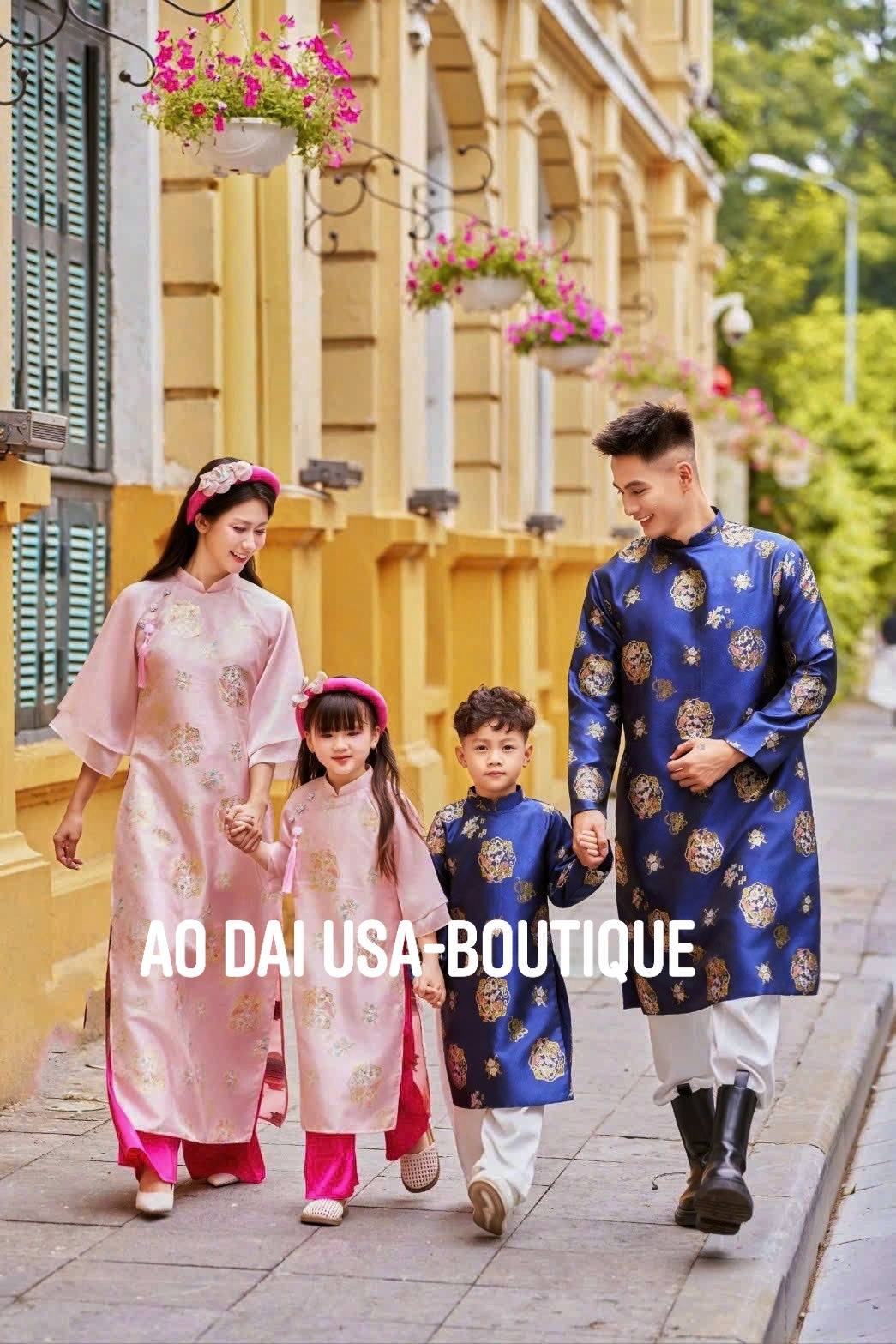 Matching Family Ao Dai Set/ Pink- Blue  Matching Family Spring Ao Dai Set/ Pre-made Ao Dai for Lunar New Year /Ao Dai Gia Dinh Tet 2026