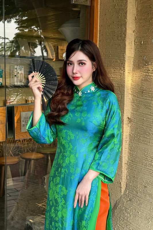 THANH LAM Set Ao Dai Lua To Tam Van Nam/ Vietnamese  Modernized with  Pants/ Ao Dai Loose Style/B298