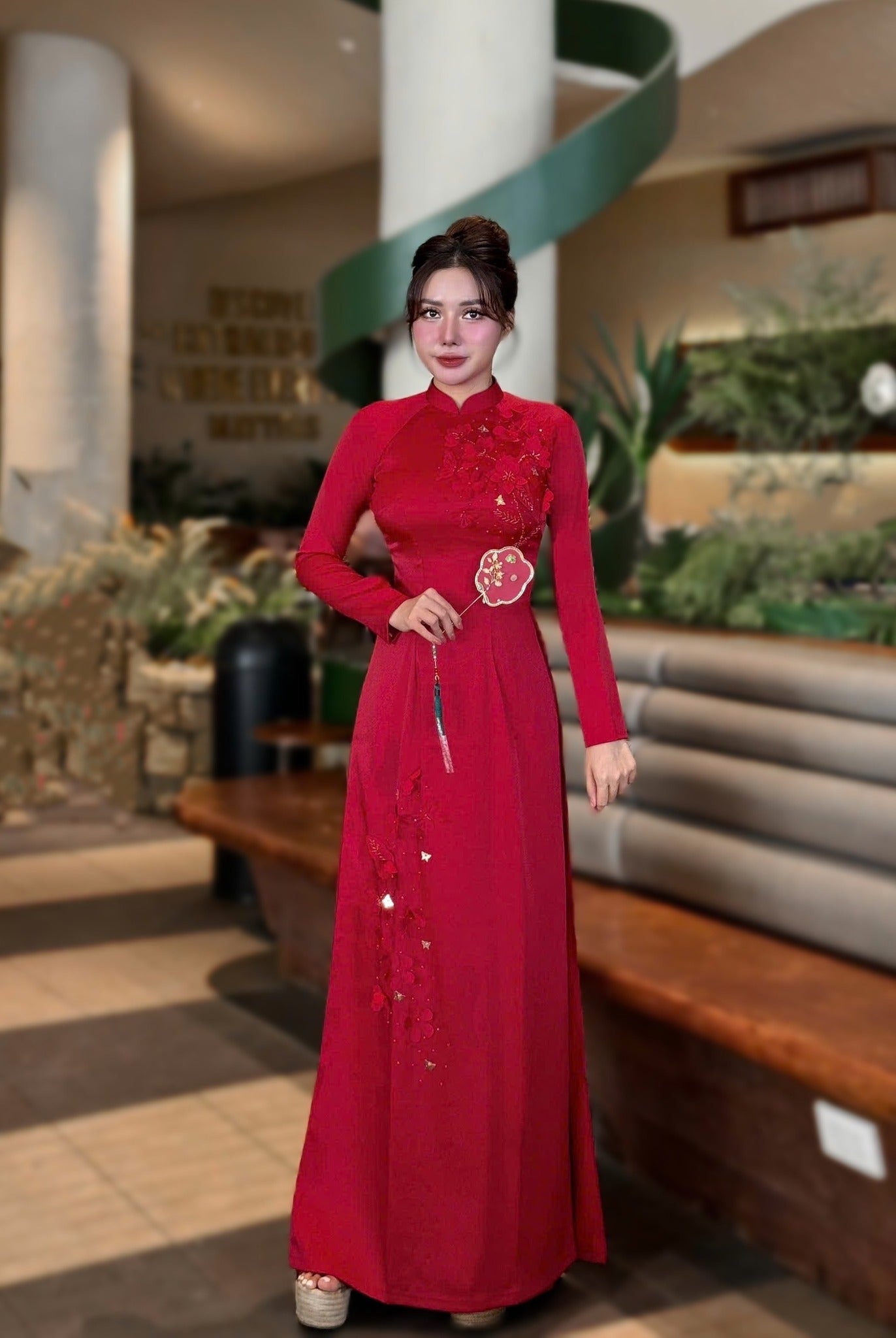 Set Ao Dai Lua Tô Châu Design with Flowers/Vietnamese Traditional Long Dress with Pants/ Ao Dai Tet  B296