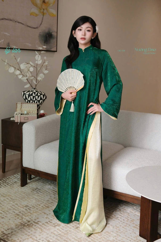 Set Ao Dai Lua Tence Green color Double layers Green and Yellow/Set Ao Dai Design for Women/Ao Dai Trending For her/ B303