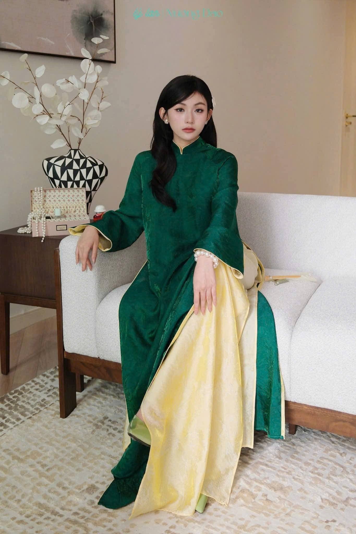 Set Ao Dai Lua Tence Green color Double layers Green and Yellow/Set Ao Dai Design for Women/Ao Dai Trending For her/ B303