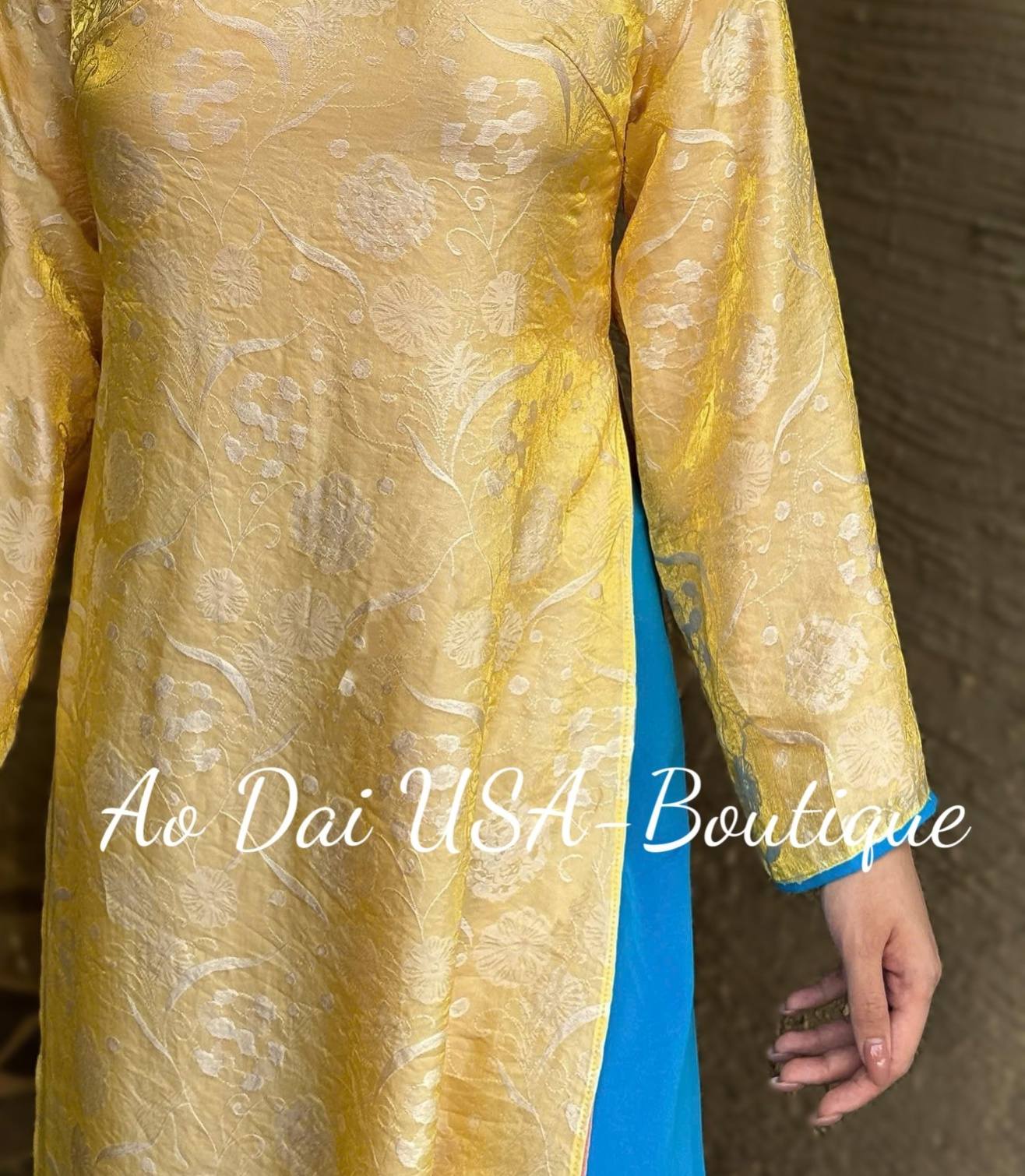 THU LINH Set Ao Dai Lua To Tam Tence Yellow Color With Blue Pants/B281