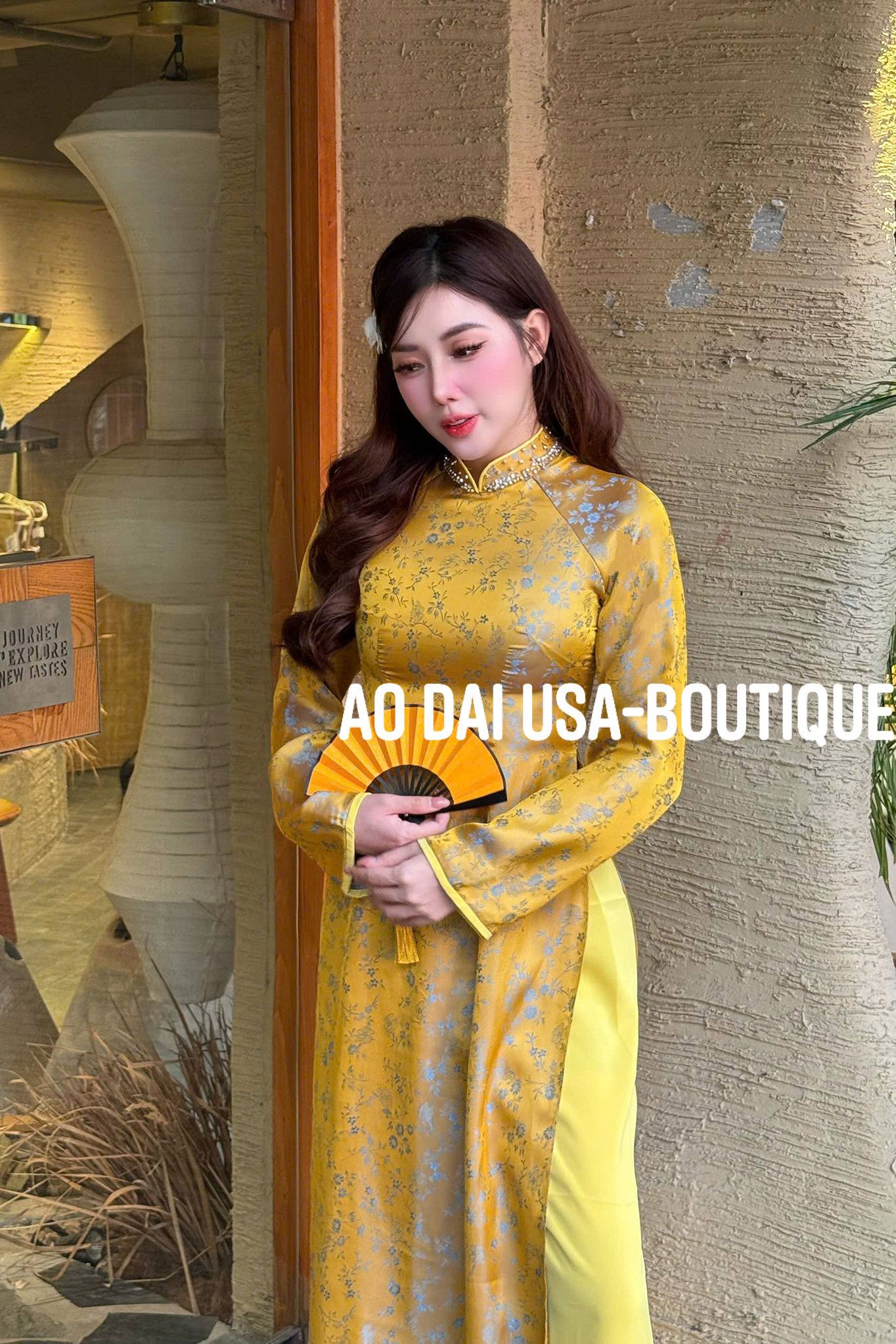 MAI CHI Set Ao Dai Lua To Tam Yellow color with Light Yellow Pants/B72