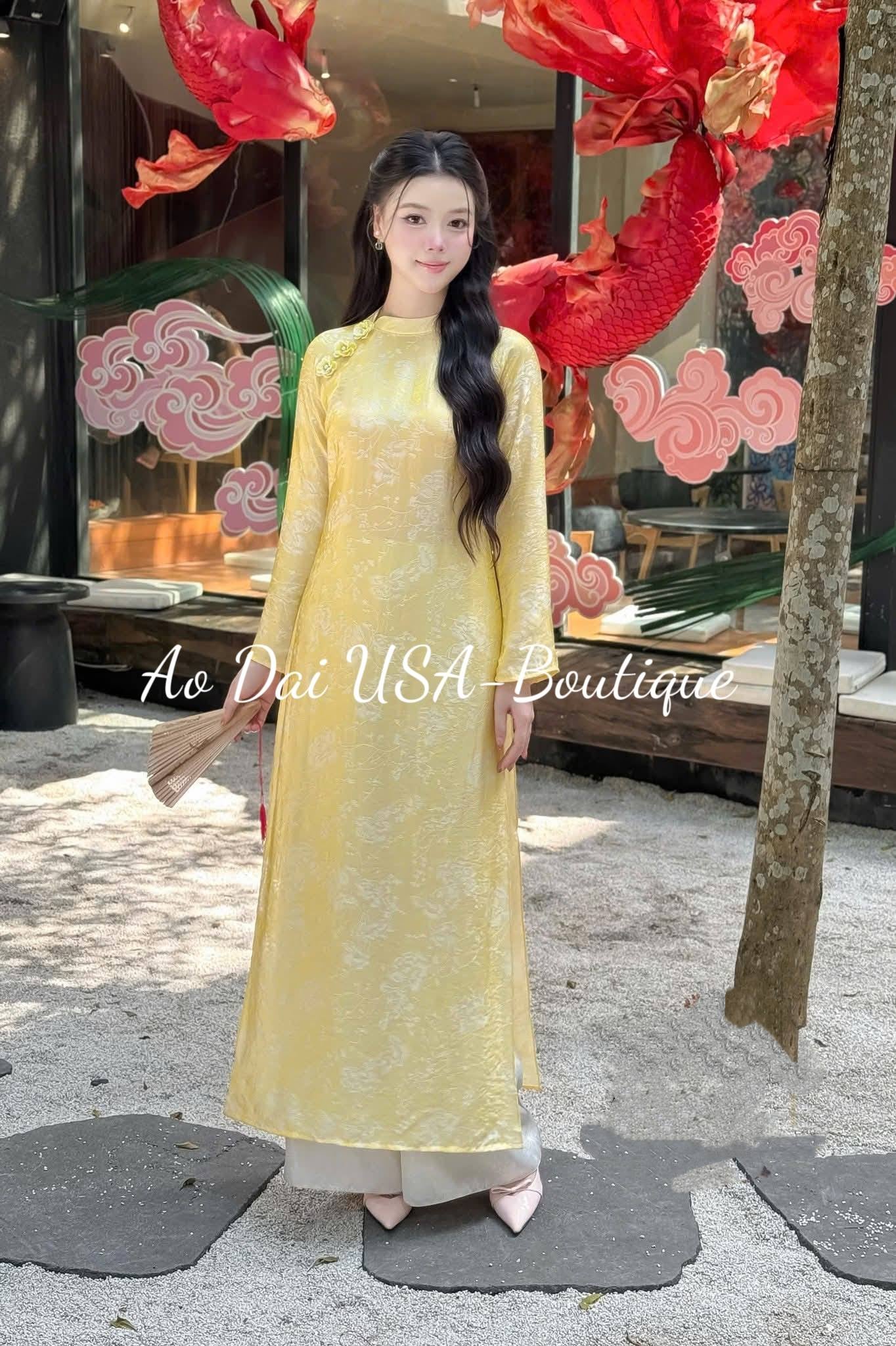 Set Ao Dai Lua To Tam Tence/Ao Dai Cach Tan with Sliver Pants /Pre made Vietnamese long dress/ Tet 2026/ B232