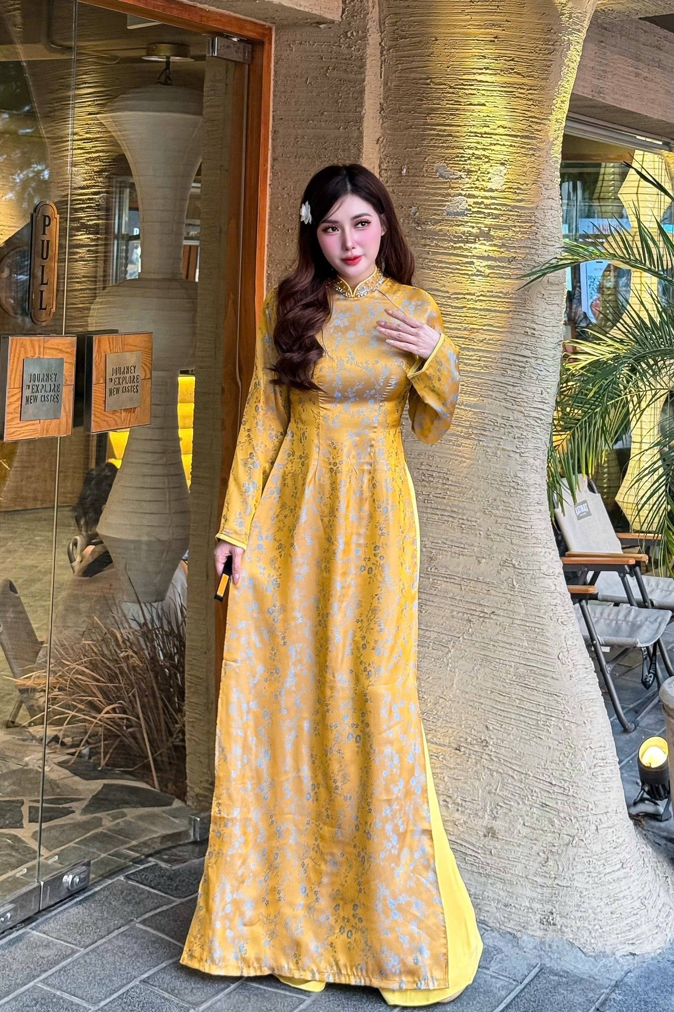 MAI CHI Set Ao Dai Lua To Tam Yellow color with Light Yellow Pants/B72