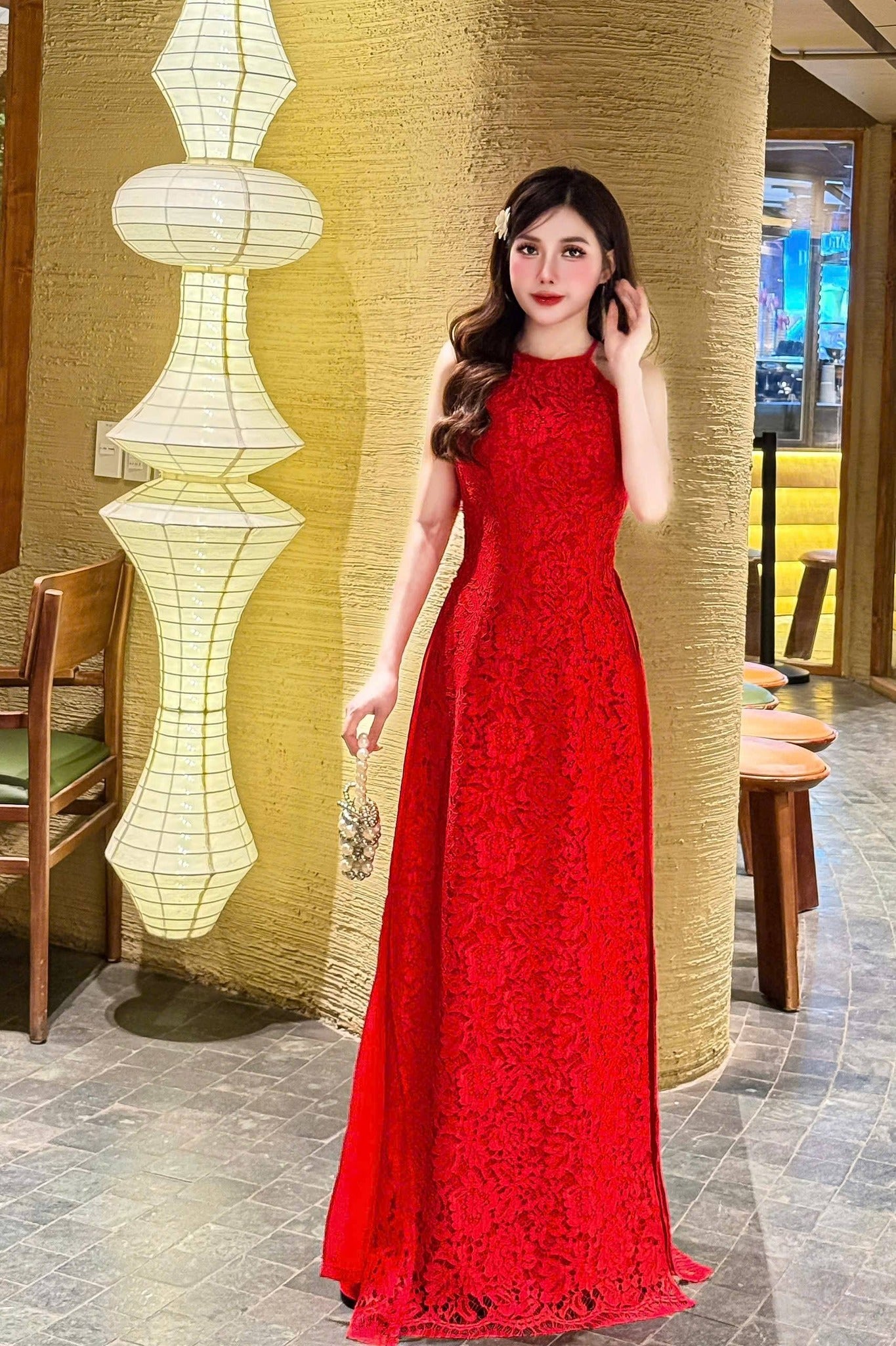 Set Ao Dai Ren Cao Cap/ Set includes a shoulder overlay that can be styled in three different ways with Red Pants/B254