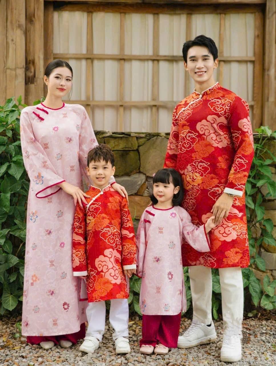Matching Family Ao Dai Set Red and Pink/Ao Dai Gia Dinh Tet/ Modern Outfit B56
