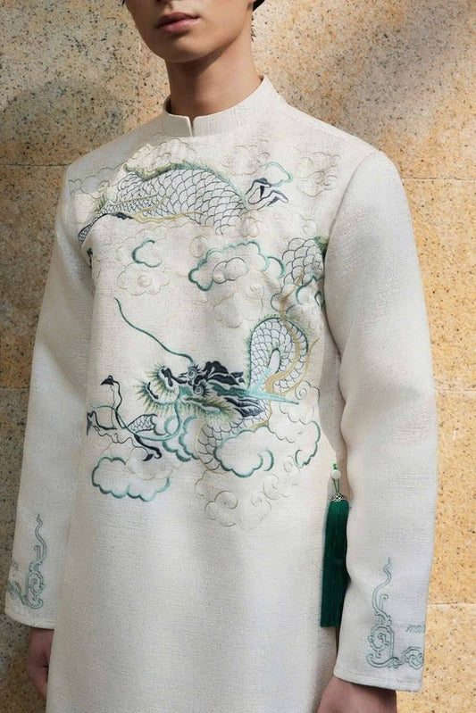 White Embroidered Ao Dai for Men /Groom Ao Dai/Vietnamese Lunar New Year Outfit B207