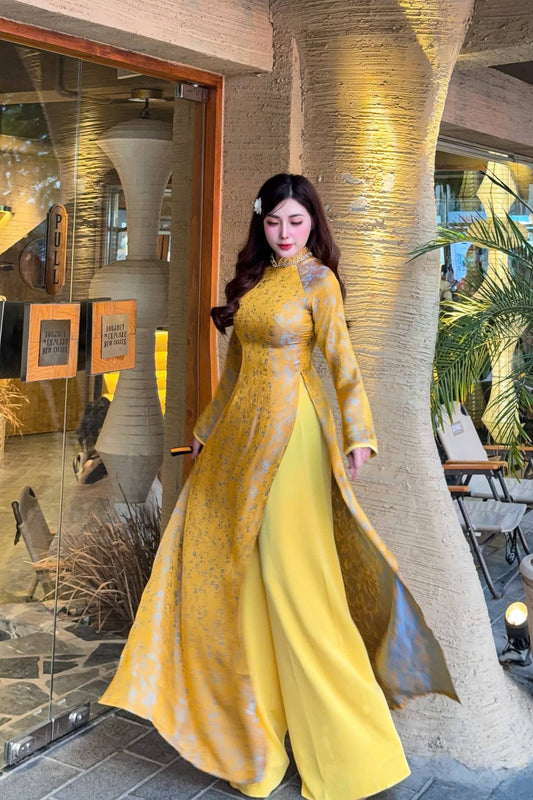MAI CHI Set Ao Dai Lua To Tam Yellow color with Light Yellow Pants/B72